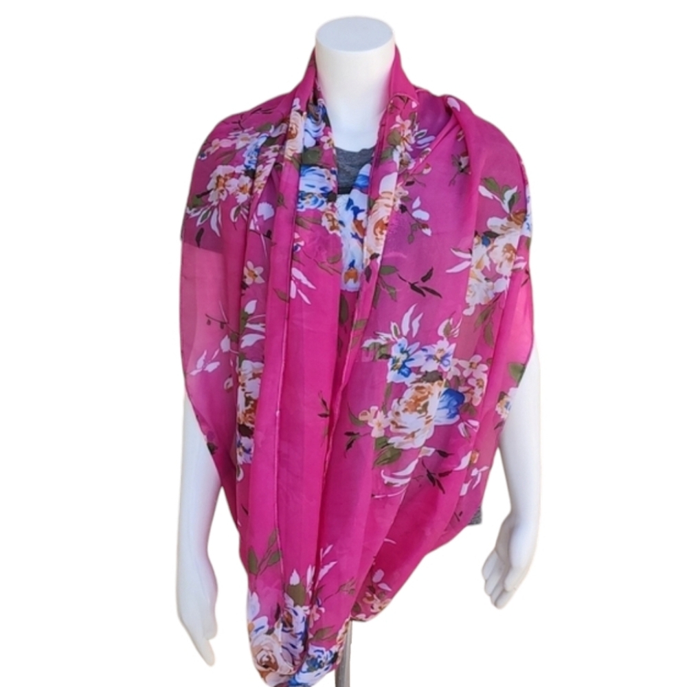 VINTAGE Oversized Infinity Chiffon Scarf Floral Wrap Shabby Chic Cottagecore - Picture 4 of 13